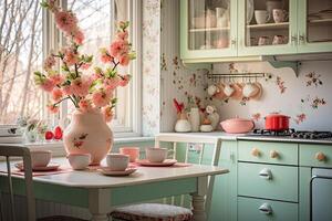 ai généré printemps intérieur de une moderne cuisine avec bouquets de fleurs - printemps temps, printemps ambiance. ai généré photo