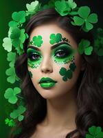 ai généré maquillage et coiffure de une Jeune femme dans vert avec trèfle feuilles pour st. patrick's journée. fermer beauté portrait. ai généré photo