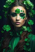 ai généré maquillage et coiffure de une Jeune femme dans vert avec trèfle feuilles pour st. patrick's journée. fermer beauté portrait. ai généré photo