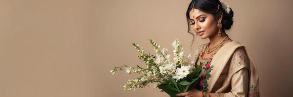 ai généré une Jeune brunette Indien femme avec une coiffure de printemps fleurs dans sa cheveux sur une solide Contexte. féminin beauté portrait, se maquiller, coiffure, styliste, féminin énergie photo