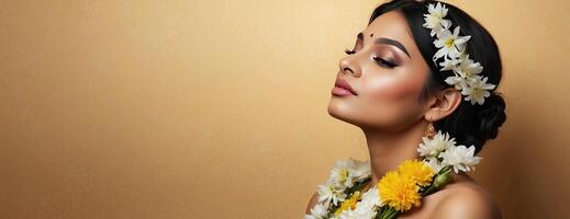 ai généré une Jeune brunette Indien femme avec une coiffure de printemps fleurs dans sa cheveux sur une solide Contexte. féminin beauté portrait, se maquiller, coiffure, styliste, féminin énergie photo