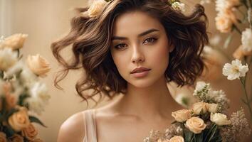 ai généré une Jeune brunette femme avec une coiffure de printemps fleurs dans sa cheveux sur une beige solide Contexte. féminin beauté portrait, se maquiller, coiffure, styliste, féminin énergie. ai généré photo