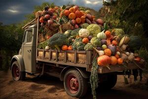 ai généré vieux un camion avec un l'automne récolte de des légumes et herbes sur une plantation - une récolte festival, une bord de la route marché vente Naturel respectueux de la nature ferme des produits. ai généré photo