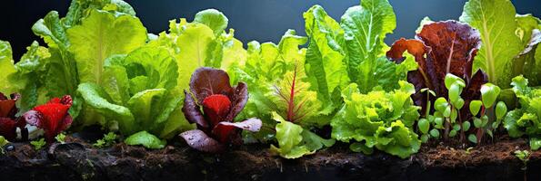 ai généré Frais salade récolte dans le jardin - en bonne santé légume respectueux de la nature légumes verts croissance dans votre jardin. ai généré photo