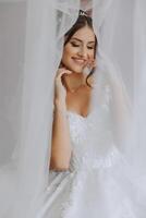 magnifique Jeune la mariée en portant voile dans blanc mariage robe, portrait de brunette la mariée dans Hôtel chambre, Matin avant mariage. photo