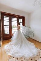 Jeune brunette dans longue mariage robe et voile dans Hôtel chambre. une charmant mariée, plein longueur, dans une magnifique blanc robe sur le Matin avant le mariage. photo