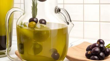 d'or élixir dévoilé, une culinaire travail de art avec verre cruche et parfumé olive pétrole bouteille photo
