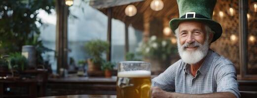 ai généré personnes âgées homme profiter une pinte de Bière dans une confortable taverne. Sénior homme fête st. patrick's jour, en portant une mousseux bière. dans haute esprits, le gentilhomme des sports une traditionnel vert chapeau. photo