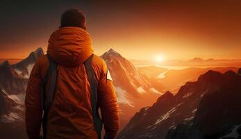 ai généré promeneur portant un Orange veste des stands sur une falaise en train de regarder le le coucher du soleil. photo