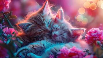 ai généré deux duveteux chatons sommeil pacifiquement sur coloré fleurs. photo