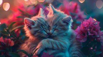 ai généré deux duveteux chatons sommeil pacifiquement sur coloré fleurs. photo