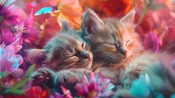 ai généré deux duveteux chatons sommeil pacifiquement sur coloré fleurs. photo