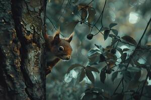 ai généré rouge écureuil à la recherche en dehors de une arbre dans le forêt photo