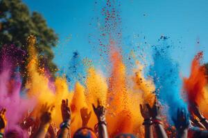 ai généré foule lancement brillant coloré poudre peindre dans le air. content hindou Indien gens célébrer Holi Festival Dahan. vacances Contexte concept avec copie espace. photo