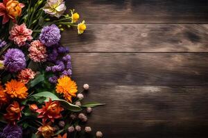 ai généré été jardin fleurs sur en bois arrière-plan, plat allonger composition. la saint valentin, aux femmes, les mères jour, anniversaire ou mariage concept. Haut voir. copie espace. généré ai. photo