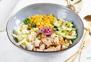 chinois chou salade avec poulet Viande, maïs, concombre et pansement moutarde. asiatique aliments. photo