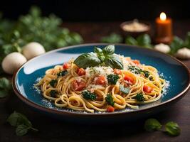 ai généré délicieux Aglio e olio spaghetti un italien plat avec fromage et basilic garnir et servi sur une plaque. photo