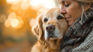 ai généré portrait de femme et d'or retriever. ai généré. photo