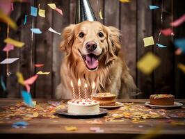 ai généré chien anniversaire faire la fête. le chien séance à le table portant une anniversaire casquette. une gâteau avec bougies et confettis sur le tableau. réaliste nourriture photo, fermer. ai généré photo