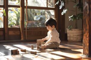 ai généré un asiatique enfant en jouant avec blocs. généré par artificiel intelligence. photo