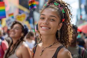 ai généré une Jeune femme radieux sourire rayonne confiance et bonheur pendant une vibrant fierté parade. génératif ai. photo