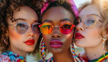 ai généré Trois avant-gardiste personnes vitrine leur unique style avec vibrant lunettes et audacieux se maquiller, création une frappant triptyque de moderne beauté pendant fierté mois. génératif ai. photo