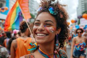 ai généré une radieux femme avec visage peindre poutres avec bonheur au milieu de le de fête atmosphère de une fierté parade, sa joie comme vif comme le alentours drapeaux. génératif ai. photo