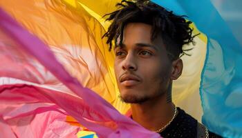 ai généré une Jeune homme des stands enveloppé dans le écoulement couleurs de une fierté drapeau, symbolisant contemplation et identité. génératif ai. photo