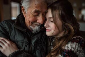 ai généré une soumissionner moment de lien entre une souriant personnes âgées homme et une Jeune femme. génératif ai. photo