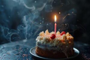 ai généré une anniversaire gâteau avec une seul, embrasé bougie dans une foncé chambre. génératif ai. photo