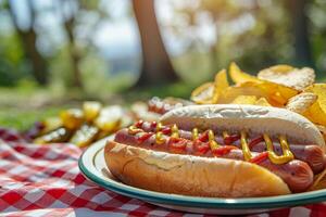 ai généré une pique-nique scène avec une assiette de classique chaud chiens avec ketchup et moutarde. génératif ai. photo