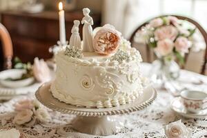 ai généré un ouvré de mariée gâteau orné avec classique blanc glaçage des roses et porcelaine figurines, présenté sur une dentelle nappe de table. génératif ai. photo