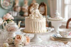 ai généré une anniversaire ouvré gâteau, surmonté avec une porcelaine figurine ensemble contre une toile de fond de ancien vaisselle et pastel des roses. génératif ai. photo