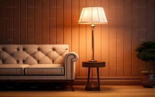 ai généré une lampe et une chaise dans une pièce avec une lampe sur le mur photo