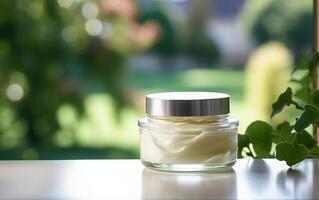 ai généré luxe cosmétique ouvert crème pot sur le table avec vert feuilles dans Naturel Contexte photo