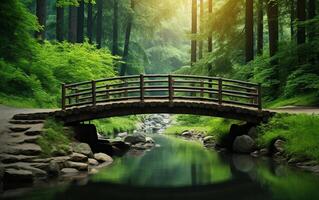 ai généré une pont plus de une rivière dans une forêt photo