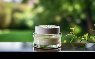 ai généré luxe cosmétique ouvert crème pot sur le table avec vert feuilles dans Naturel Contexte photo