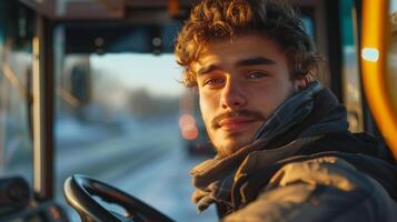 ai généré Jeune Beau autobus chauffeur est assis derrière le roue de une autobus et regards à le caméra souriant. photo