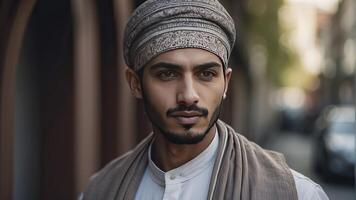 ai généré portrait de une jolie Jeune musulman homme, portrait de une homme, jolie musulman homme photo