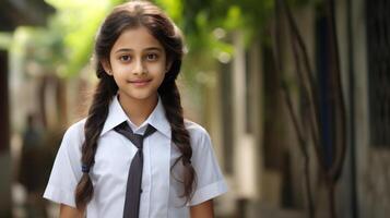 ai généré portrait de content Indien fille avec école sac permanent Extérieur. neural réseau ai généré photo