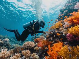 ai généré sous-marin scaphandre autonome plongeur explore vibrant corail récif au milieu de tropical Marin la vie photo