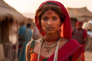 ai généré portrait de une traditionnellement habillé femme de Indien origine. neural réseau ai généré photo