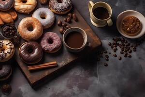 ai généré encore la vie avec café et beignets. neural réseau ai généré photo