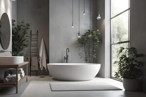 ai généré moderne intérieur conception - salle de bains dans gris et en bois finition. neural réseau ai généré photo