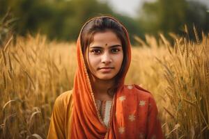 ai généré portrait de une Indien fille contre le Contexte de épillets de blé. neural réseau ai généré photo