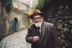 ai généré portrait de une souriant vieux homme dans le Géorgie. neural réseau ai généré photo