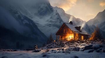 ai généré confortable en bois maison dans le montagnes dans l'hiver. neural réseau ai généré photo