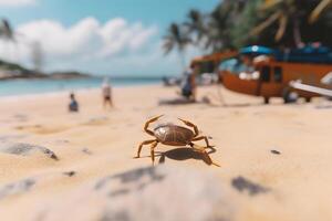 ai généré fermer de une Crabe sans pour autant griffe sur le rivage dans le Matin. neural réseau ai généré photo