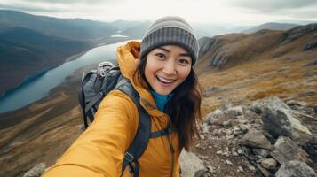 ai généré Jeune femelle touristique prend une selfie dans le montagnes. content souriant fille. neural réseau ai généré photo