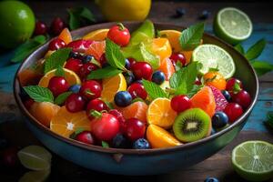 ai généré bol de en bonne santé Frais fruit salade sur en bois Contexte. Haut voir. neural réseau ai généré photo